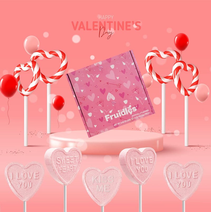 Fruidles Valentine's Heart Lollipop Candy Sucker Assortment, Dextrose Pressed Candy, Kiss me, Be Mine, I Love You and Sweet Heart, Individually Wrapped (12-Pack) - Image 4